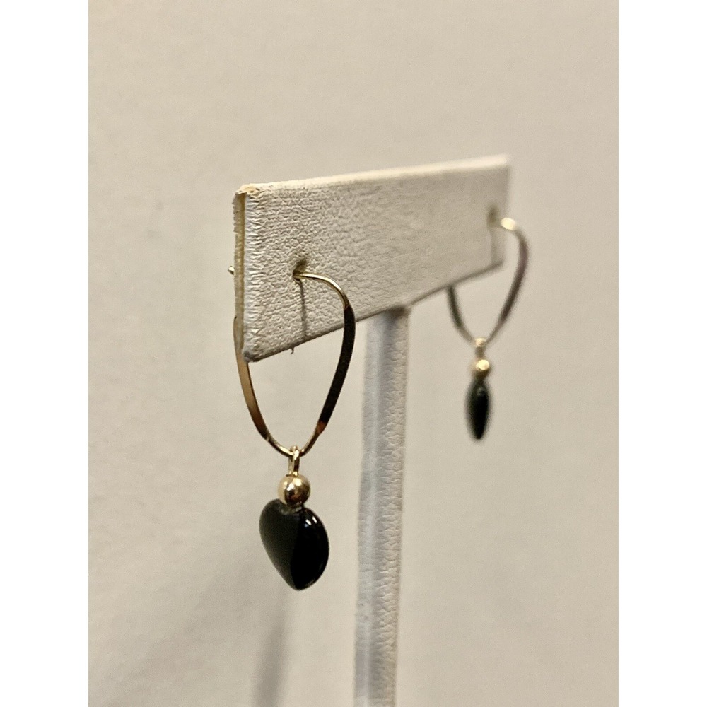 14K Black Onyx Heart Shape Dangle Earrings